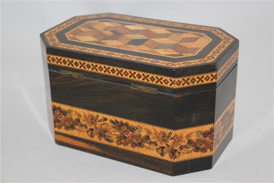 A Victorian Tunbridge ware and ebony tea caddy, by Thomas Barton, 7.75in.